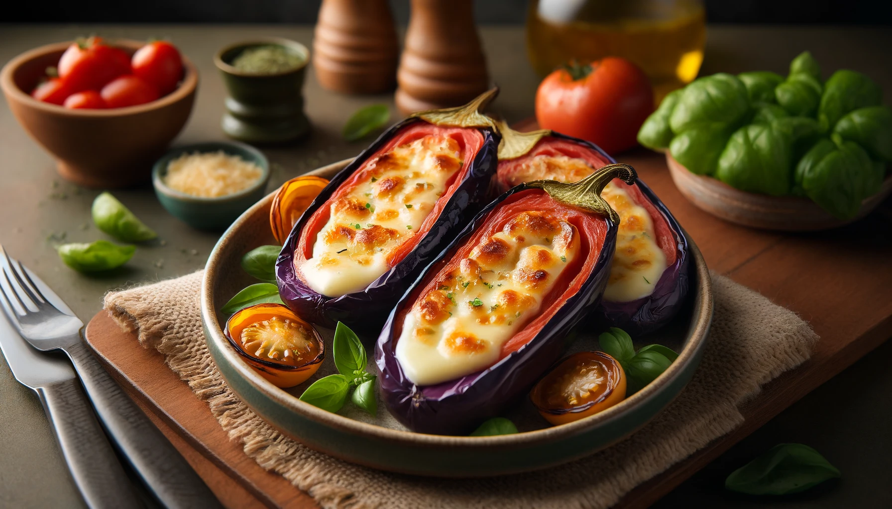 Receita de Berinjela Recheada com Queijo e Tomate na Air Fryer