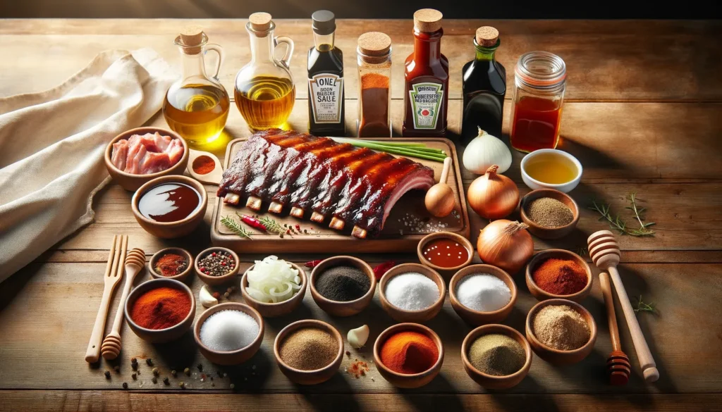 DALL·E 2024 06 03 14.11.09 A set of ingredients for making pork ribs with barbecue sauce displayed neatly on a wooden kitchen countertop. The ingredients include a rack of pork 1
