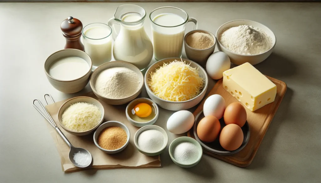 DALL·E 2024 06 06 11.53.06 A neatly arranged display of ingredients for making bolinhas de queijo. Include a bowl of grated mozzarella cheese a cup of milk two eggs a block o 1