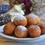 DALL·E 2024 06 07 09.36.10 A high quality image of Bolinho de Chuva de Leite Ninho ready to serve. The bolinhos are arranged on a plate dusted with a generous amount of sugar a 1