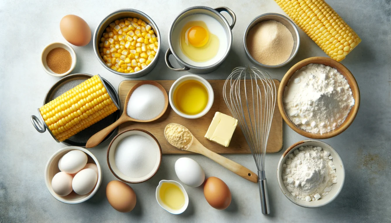 DALL·E 2024 06 12 08.46.34 A collection of ingredients for making a corn skillet cake laid out neatly on a kitchen counter. The ingredients include a can of corn a cup of cocon