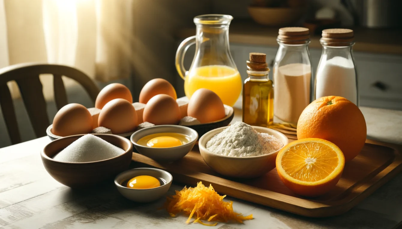 DALL·E 2024 06 12 09.43.11 A selection of ingredients for a gluten free orange cake with rice flour displayed on a wooden kitchen counter. The ingredients include 3 eggs a cup