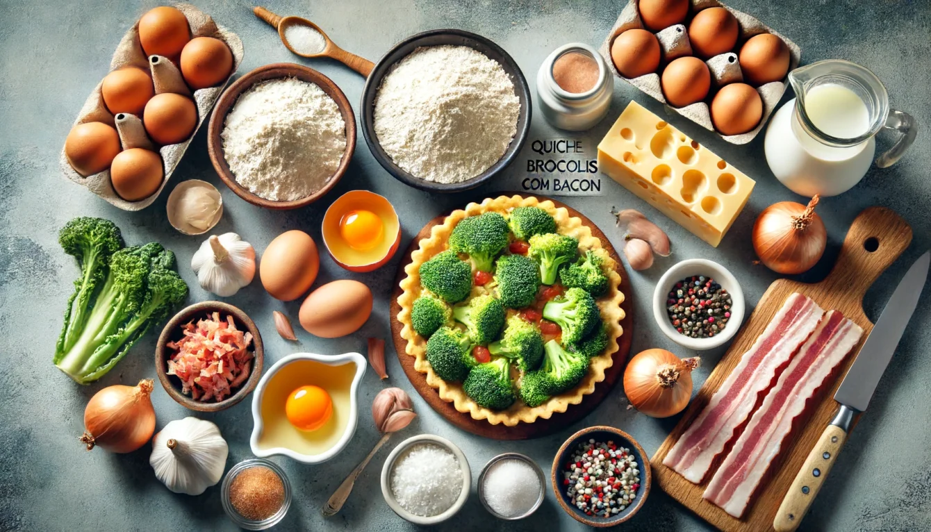 DALL·E 2024 06 13 11.45.57 A high quality image showing all the ingredients necessary to prepare a quiche de brocolis com bacon. The ingredients are organized neatly on a table
