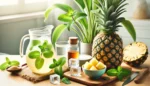 DALL·E 2024 06 14 17.29.51 A high quality image of the ingredients for making pineapple mint juice. The ingredients include a whole pineapple fresh mint leaves a jug of water
