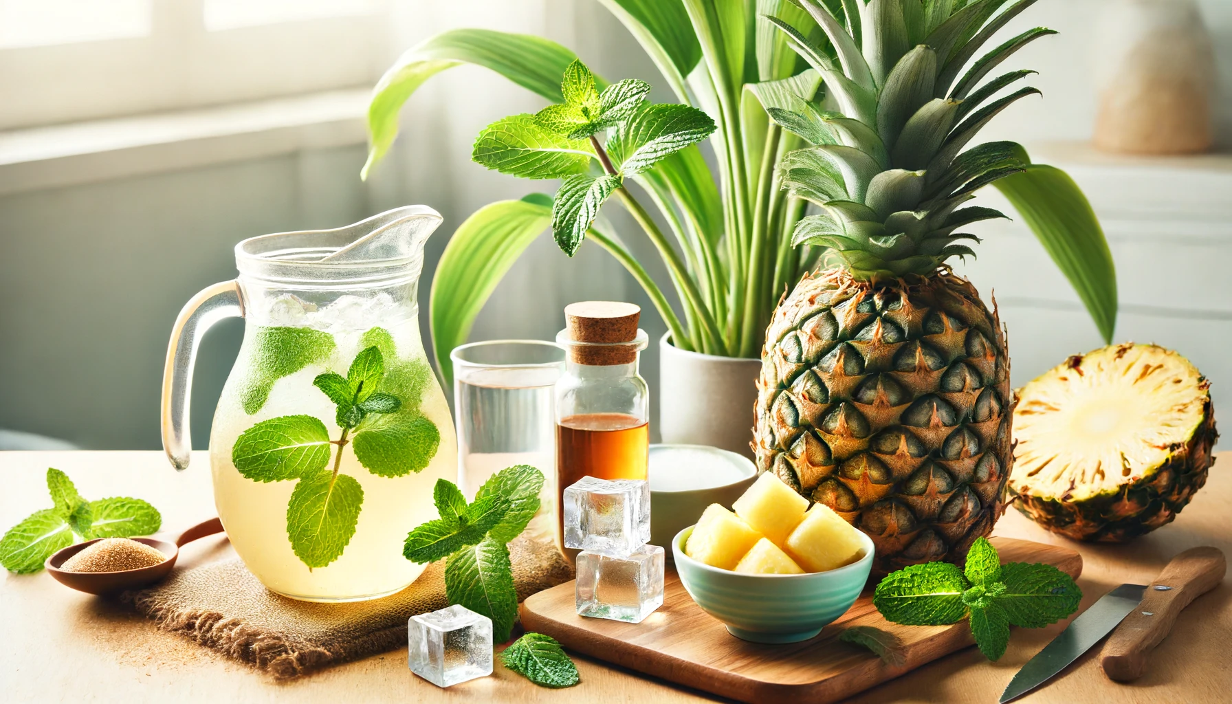 DALL·E 2024 06 14 17.29.51 A high quality image of the ingredients for making pineapple mint juice. The ingredients include a whole pineapple fresh mint leaves a jug of water