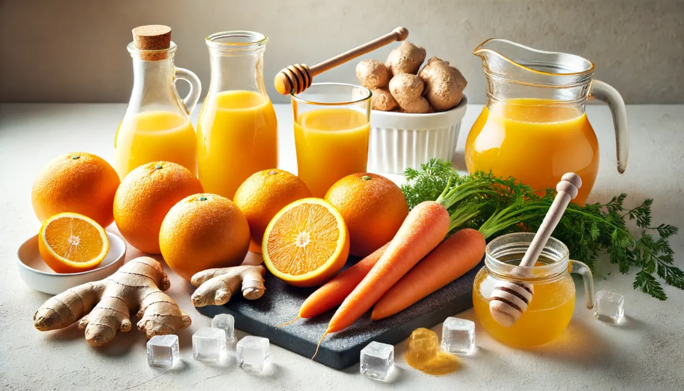 DALL·E 2024 06 14 17.44.09 Fresh ingredients for an orange carrot and ginger juice arranged attractively on a kitchen counter. The scene includes four large oranges two mediu