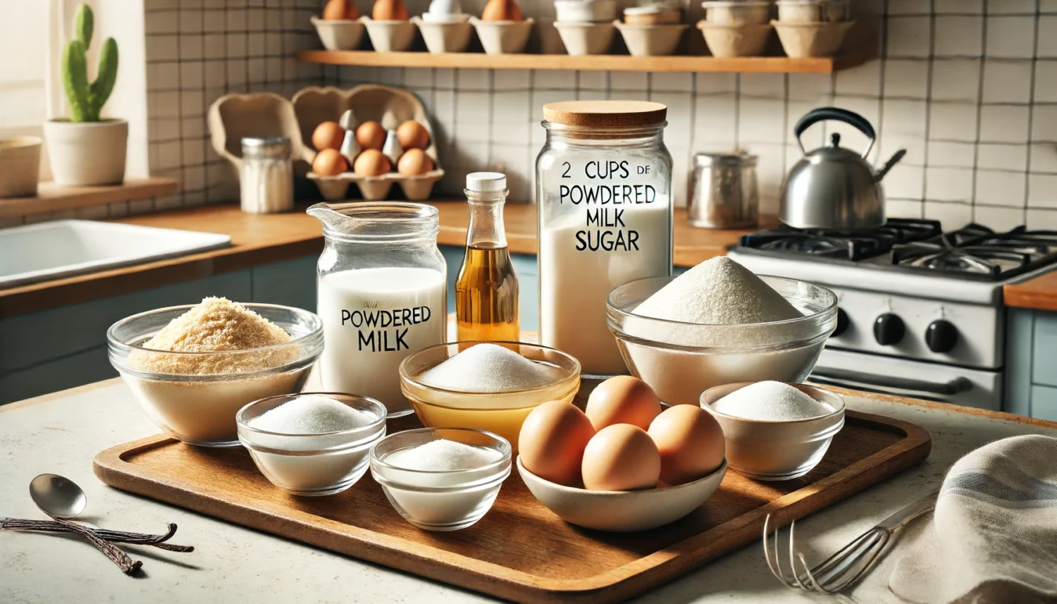 DALL·E 2024 06 17 13.47.23 A kitchen countertop with neatly arranged ingredients for making pudim de leite em po. Display includes two cups of powdered milk a cup and a half of