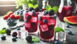 DALL·E 2024 06 18 09.28.28 A refreshing berry juice served in tall glasses with ice cubes garnished with fresh blackberries and blueberries on top. The glasses are placed on a