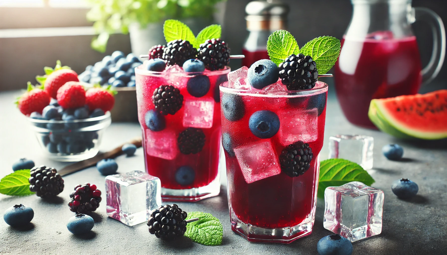 DALL·E 2024 06 18 09.28.28 A refreshing berry juice served in tall glasses with ice cubes garnished with fresh blackberries and blueberries on top. The glasses are placed on a