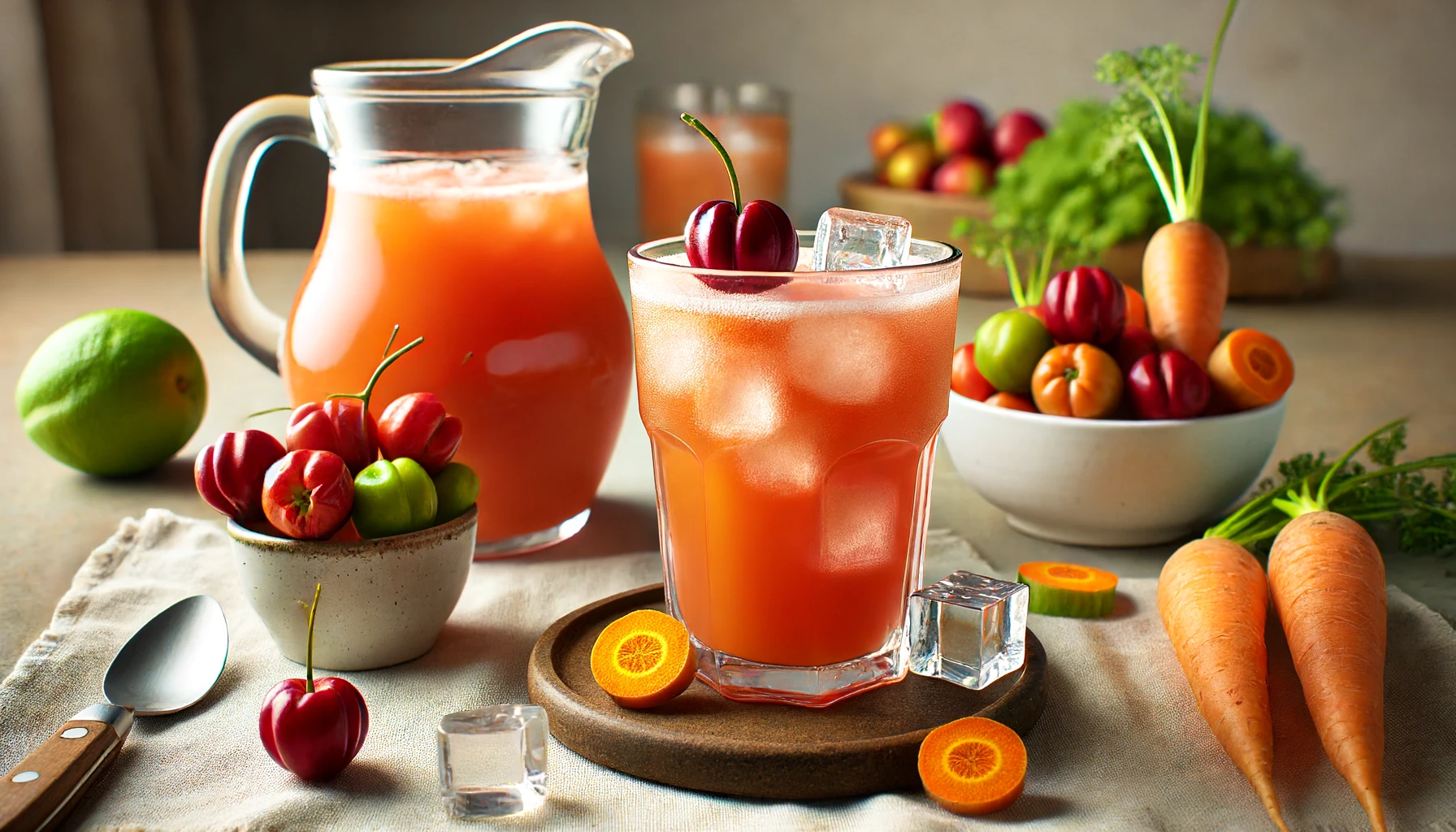 DALL·E 2024 06 18 11.01.51 A high quality image of the finished acerola and carrot juice served in a tall glass with ice cubes. Next to the glass there is a pitcher filled wit