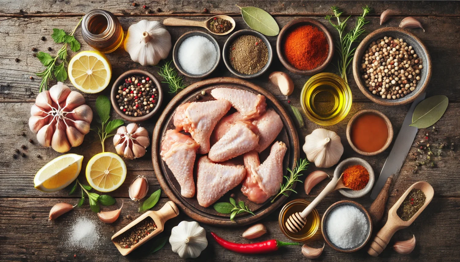 DALL·E 2024 06 25 08.50.07 A beautifully arranged set of ingredients for making delicious chicken wings. The image includes 1 kg of raw chicken wings 2 cloves of garlic a teas
