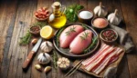 DALL·E 2024 06 25 10.33.35 A high quality landscape image showing all the ingredients for making medalhao de frango. The ingredients include raw chicken breasts strips of bacon