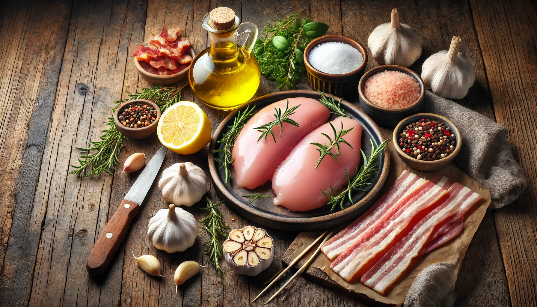 DALL·E 2024 06 25 10.33.35 A high quality landscape image showing all the ingredients for making medalhao de frango. The ingredients include raw chicken breasts strips of bacon