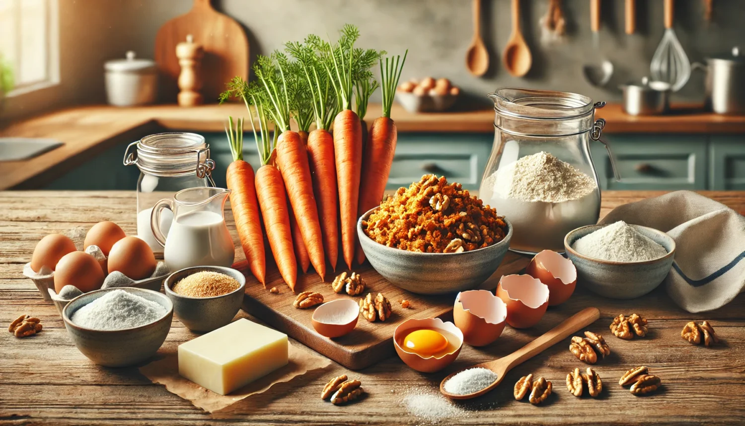 DALL·E 2024 07 15 21.20.55 A realistic and natural landscape oriented image of a kitchen table with all the ingredients for a low carb carrot cake with walnuts. The ingredients