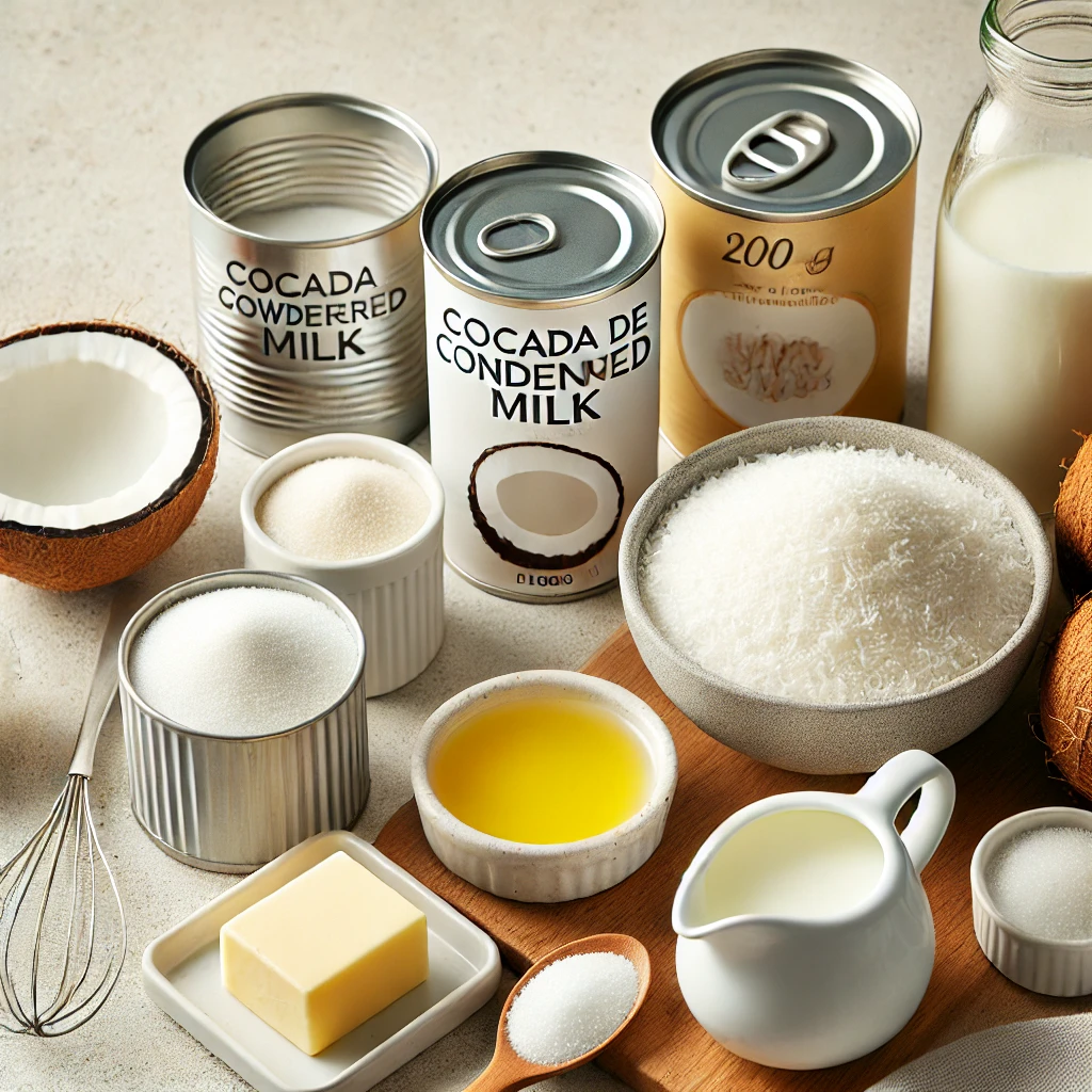 DALL·E 2024 07 16 16.36.05 A neatly arranged kitchen countertop displaying ingredients for making cocada de leite ninho. Include a can of condensed milk a cup with powdered mil