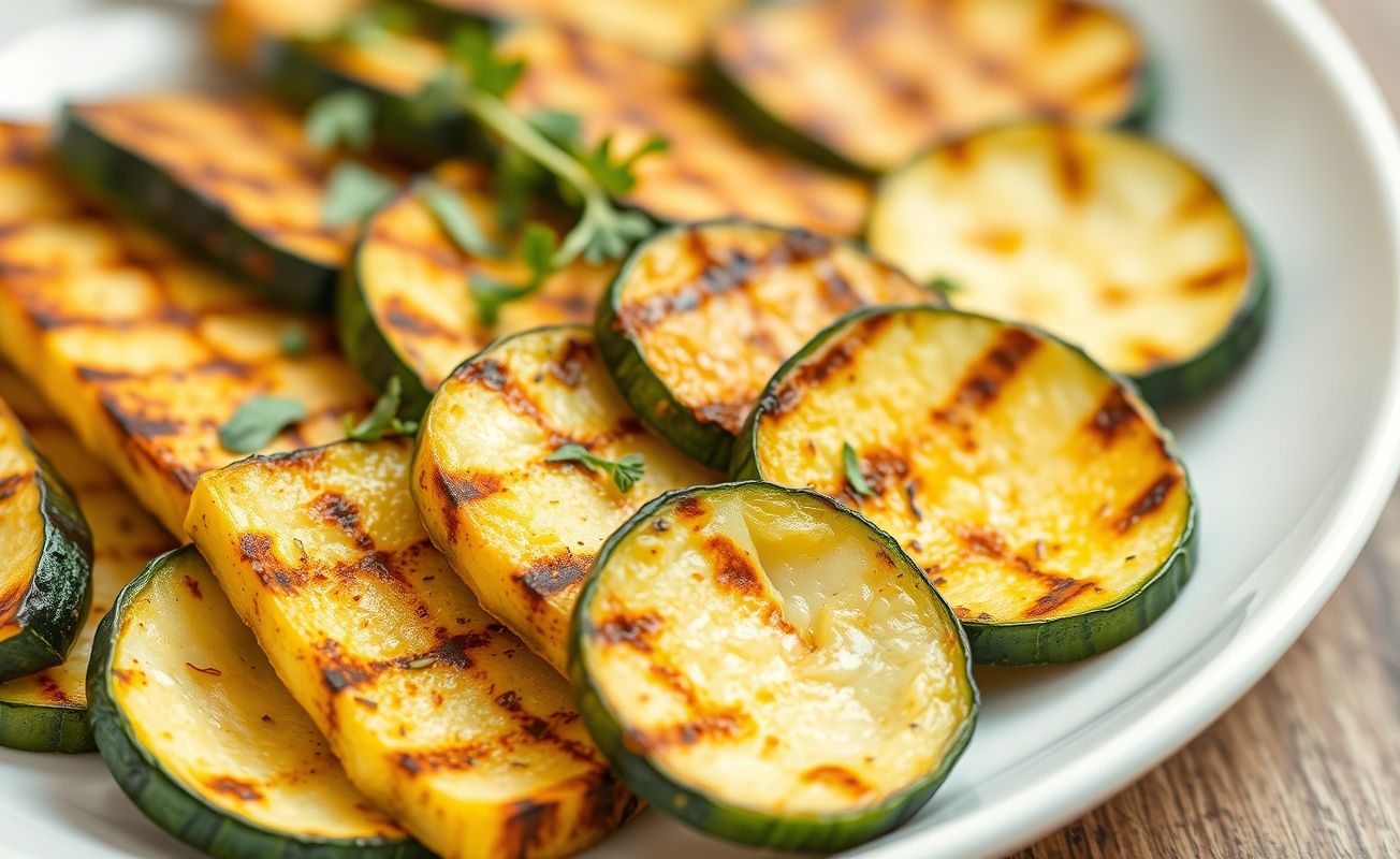 Abobrinha na Airfryer Fit dourada e crocante, servida em prato branco com ervas frescas