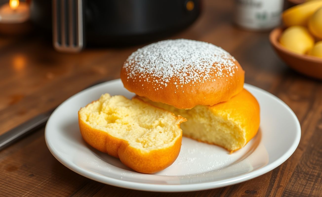 Bolinho de Chuva Assado na Airfryer, dourado e perfeitamente cozido, servido em prato branco.