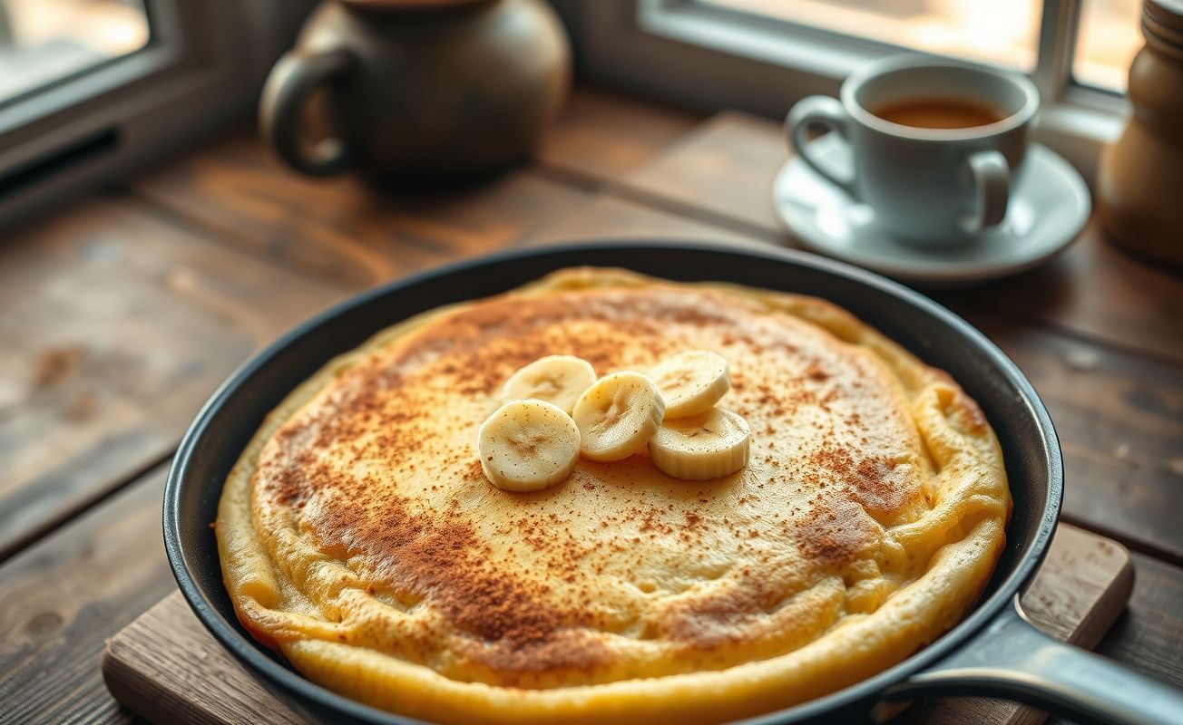 Bolo de banana fit com 3 ingredientes na frigideira dourado e macio, decorado com fatias de banana e canela em pó