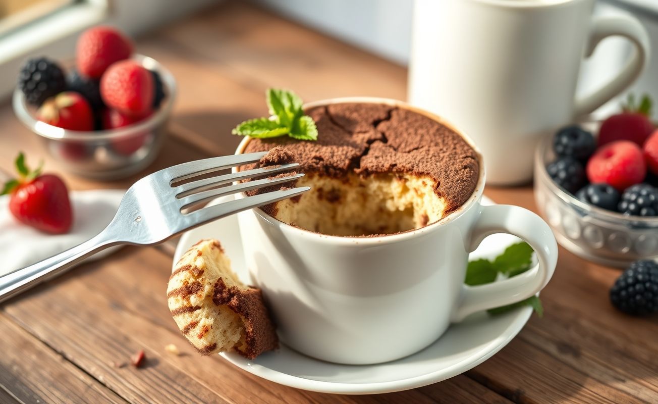 Bolo de caneca fit com 3 ingredientes em uma caneca branca, macio e com cacau em pó por cima, acompanhado de frutas vermelhas