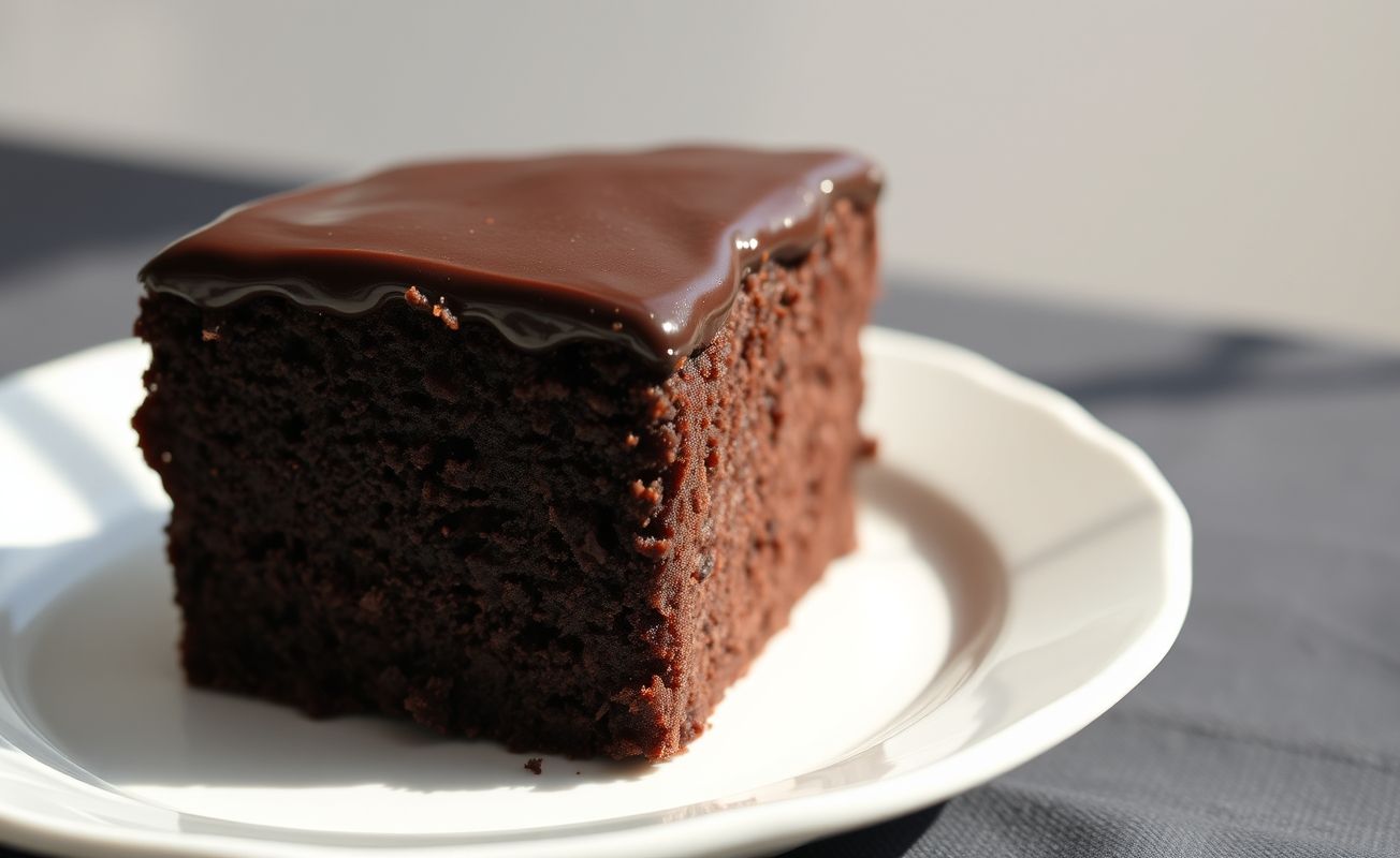 Fatia de Bolo de Chocolate Bem Preto, servido em prato elegante, com textura úmida e rica em sabor