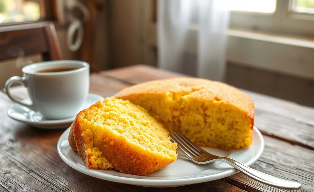 Bolo de fubá sem farinha de trigo simples, dourado e fofinho, cortado em fatias sobre uma mesa rústica, acompanhado de café.