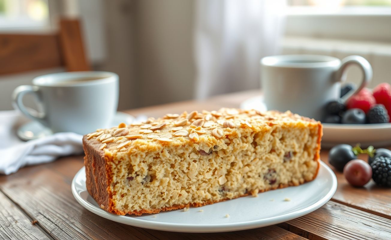 Fatia de bolo de iogurte natural com aveia, macio e dourado, decorado com flocos de aveia visíveis, servido em prato rústico com café ao lado