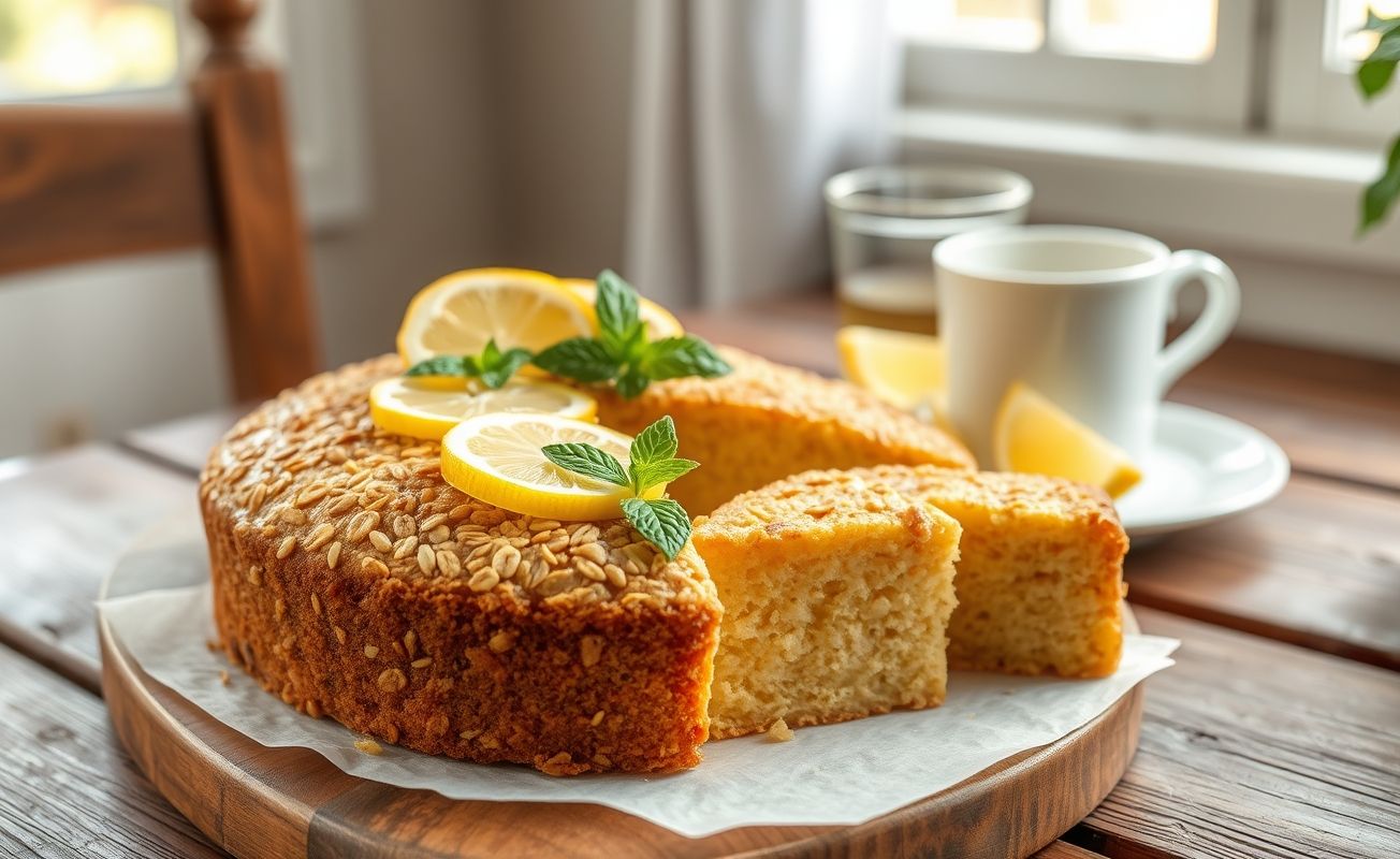 Bolo de limão com aveia dourado, decorado com fatias de limão e folhas de hortelã, mostrando textura úmida e macia em corte transversal