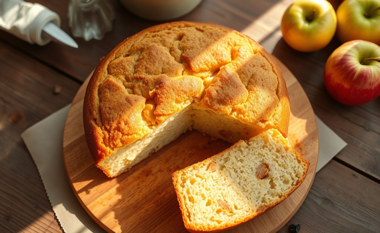 Bolo de maçã fit com 3 ingredientes assado, dourado por fora e úmido por dentro, decorado com fatias de maçã em cima, em prato rústico