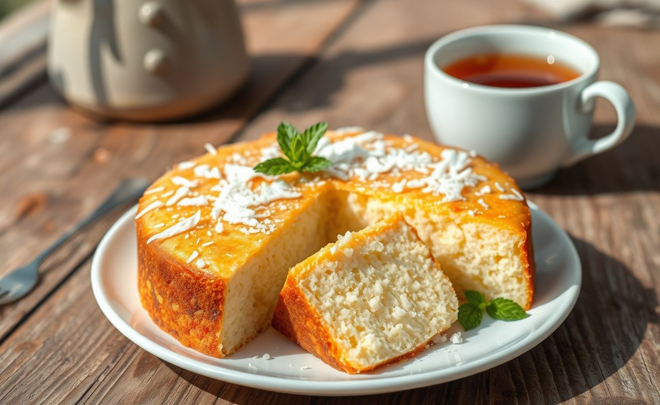 Bolo de tapioca fit dourado e fofinho cortado em fatias, decorado com coco ralado em cima, servido em prato branco sobre mesa rústica