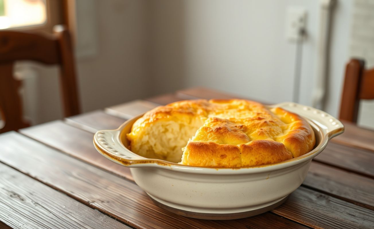 Bolo Salgado de Arroz Cozido servido em prato rústico, com textura cremosa e dourada, ideal para um almoço convidativo