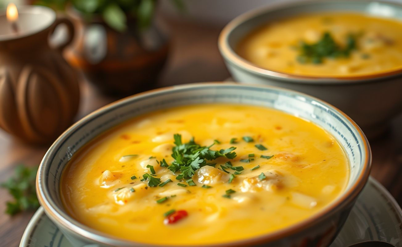Caldo de Mocotó com Mandioca servido quente, coberto com verduras frescas, apresentando uma textura cremosa e convidativa