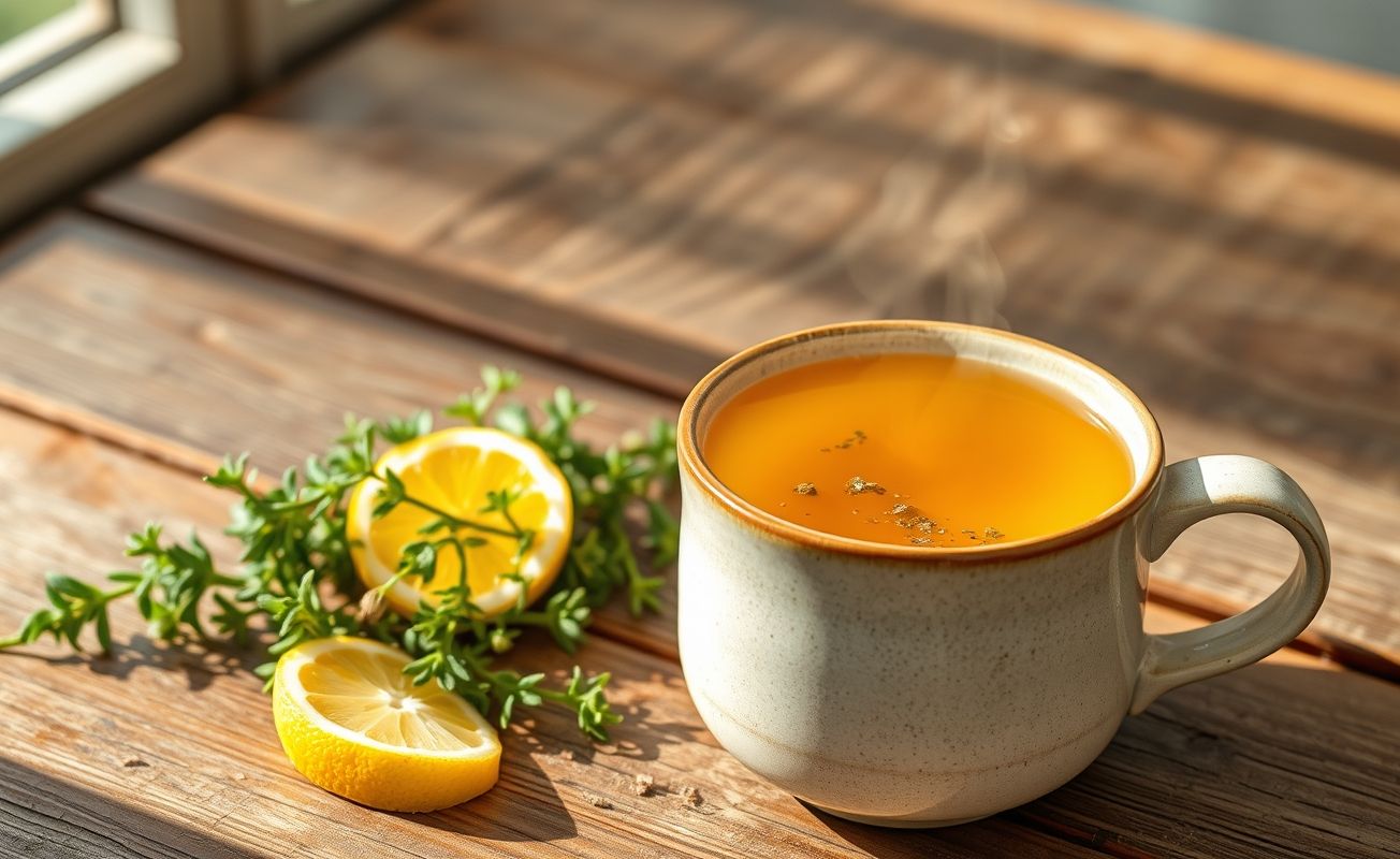 Xícara de chá de orégano quente com aroma herbal, servida com rodelas de limão e ramos frescos de orégano ao lado, em composição rústica e convidativa.