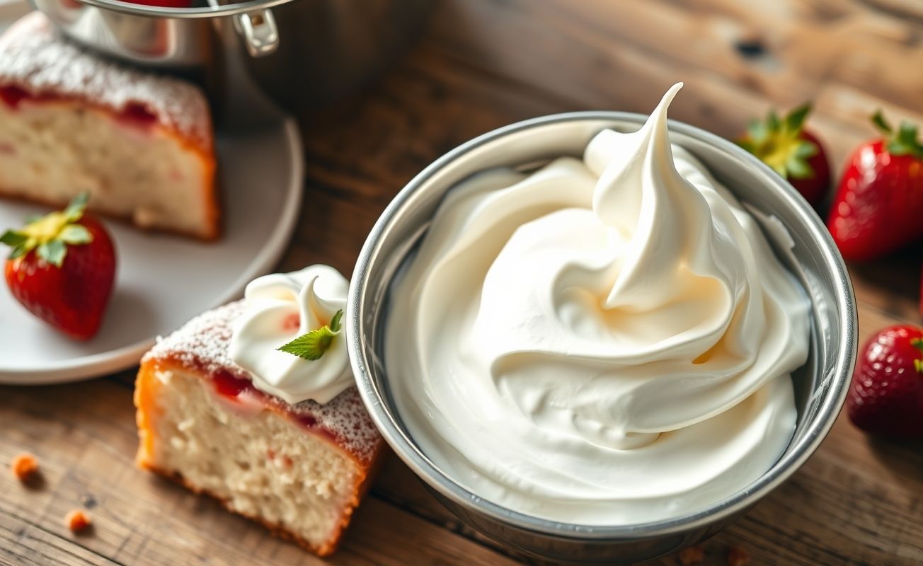 Chantilly caseiro cremoso feito com creme de leite de caixinha, mostrando textura aerada e perfeita para decorar sobremesas como bolos e tortas