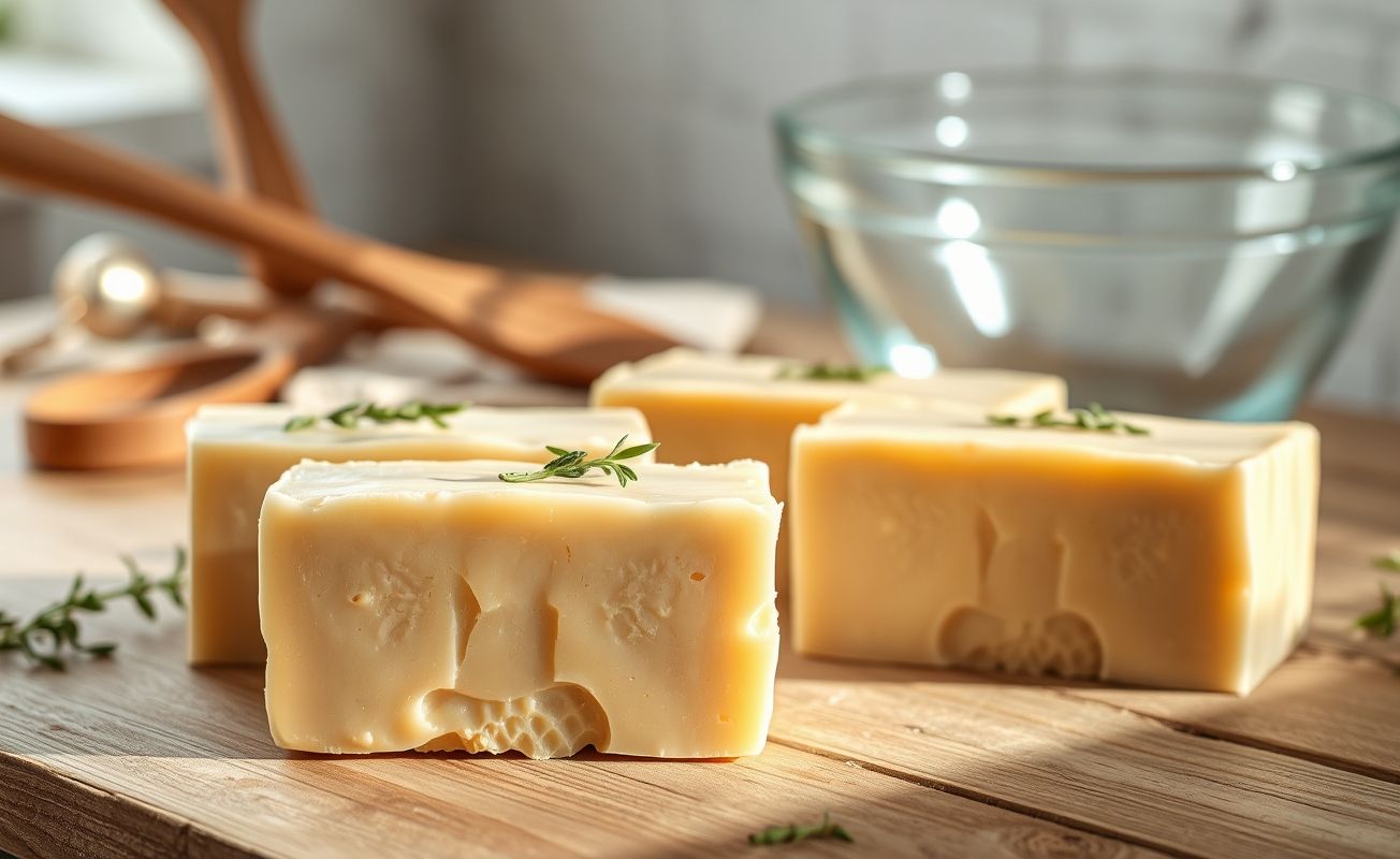 Barras de sabão caseiro feitas com 3 ingredientes, de cor bege claro, dispostas sobre tábua de madeira rústica