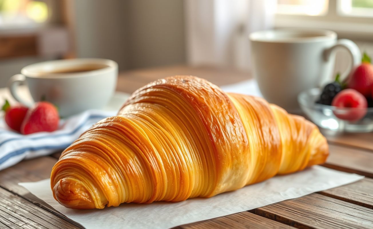 Croissant sem glúten dourado e folhado servido em uma mesa rústica com café ao fundo