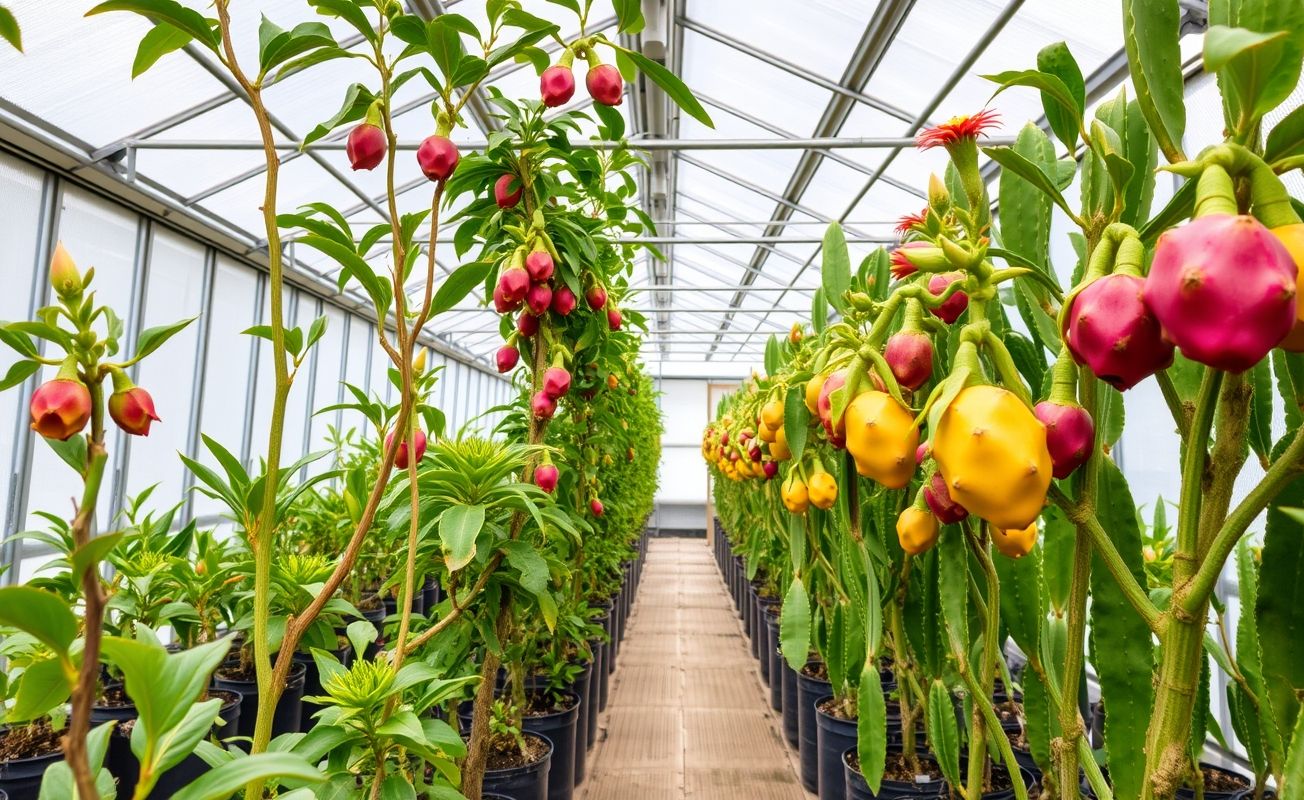 Cultivo de pitaya em estufa com frutos maduros