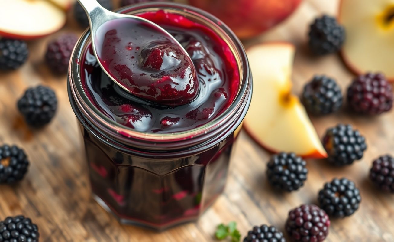 Geleia de amora sem açúcar com maçã caseira em pote de vidro, com textura cremosa e cor roxa intensa, acompanhada de frutas frescas