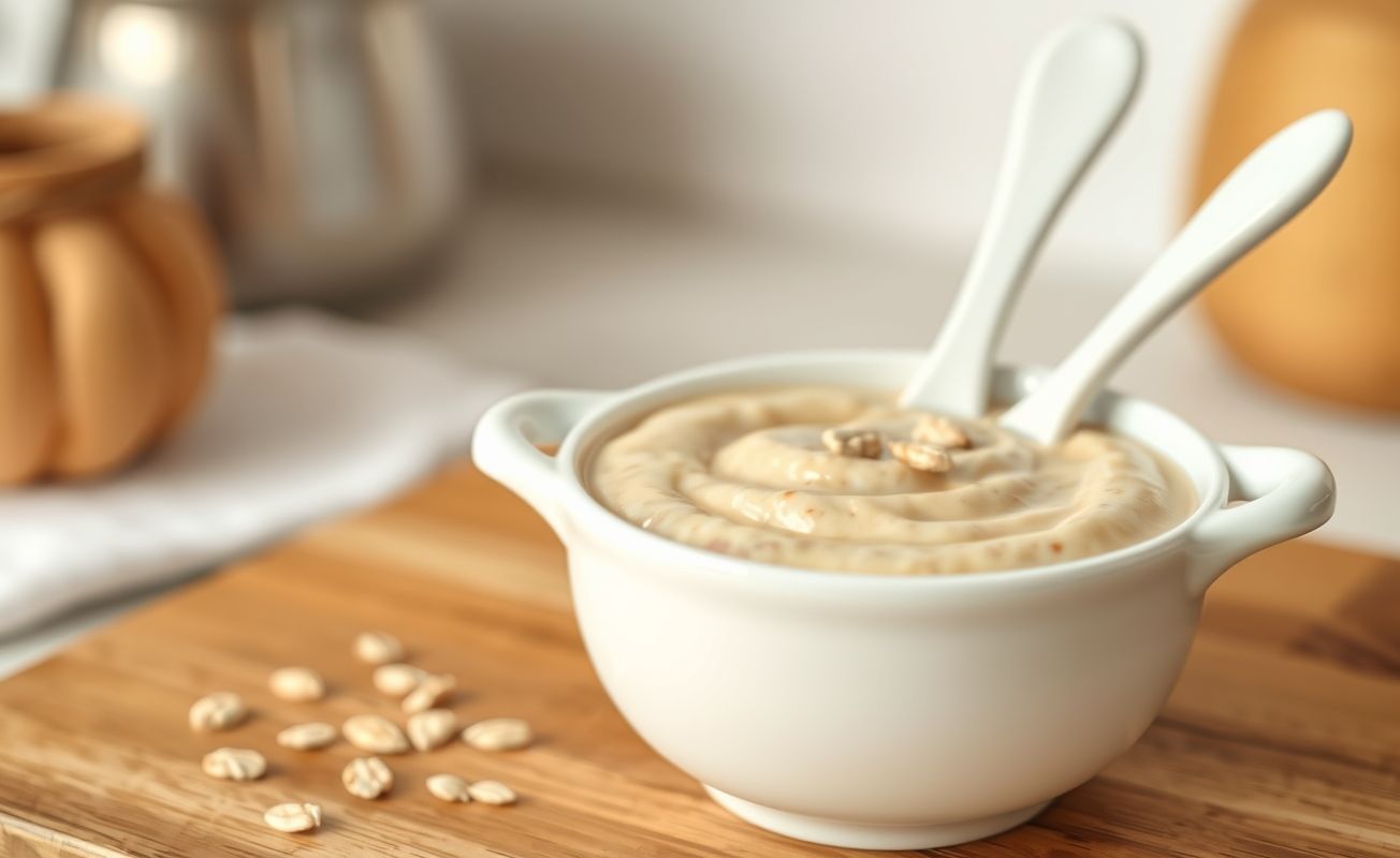 Mingau de aveia cremoso servido em tigela branca, alimento ideal para bebês de 6 meses começando a introdução alimentar