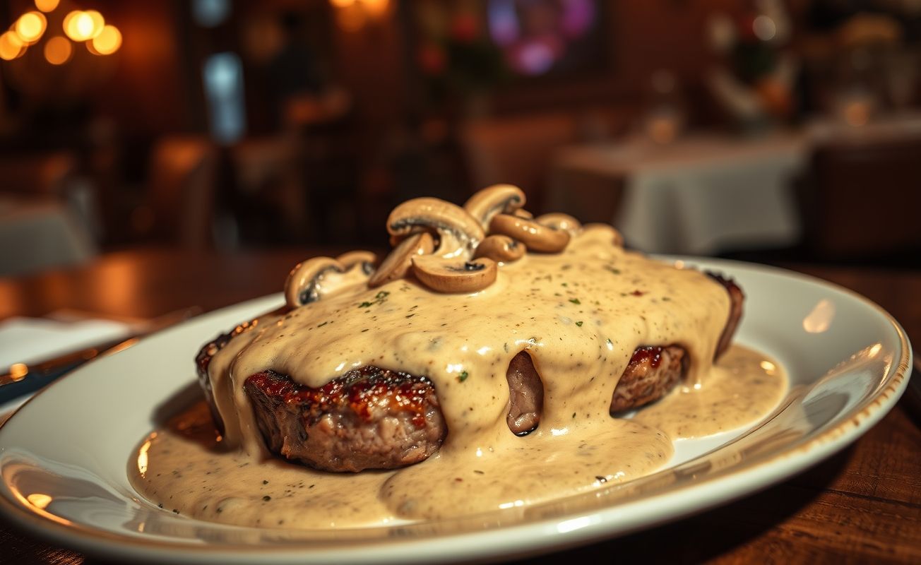 A dark, rich mushroom sauce served over steak, highlighting its creamy texture and aromatic appeal without using wine