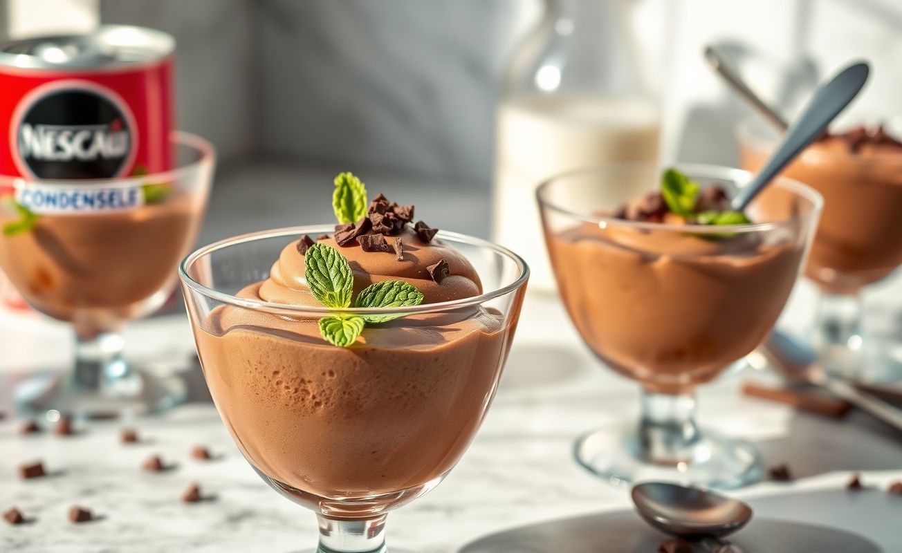 Mousse de nescau com 3 ingredientes servida em taça transparente, cremosa e decorada com raspas de chocolate, pronta para servir