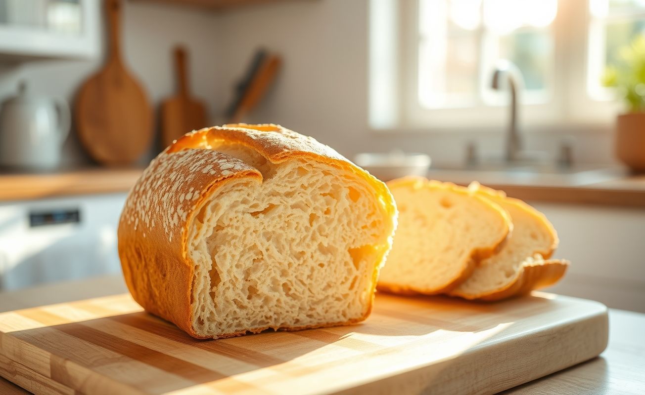 Pão de Farinha de Arroz com crosta dourada e interior macio e fofo, apresentado em uma tábua de madeira, ideal para um desjejum nutritivo.