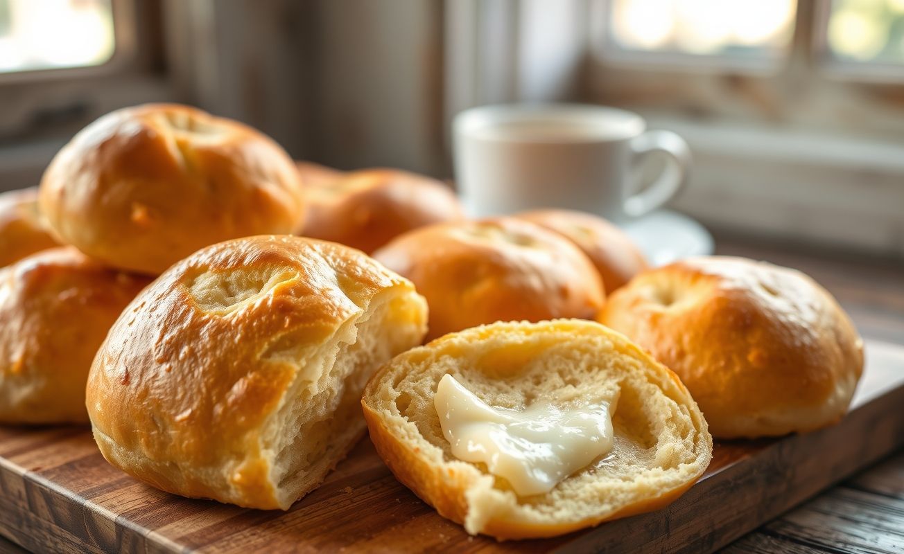Pão de queijo com 2 ingredientes recém-assado, dourado e crocante, com interior macio e queijoso, disposto em tábua de madeira
