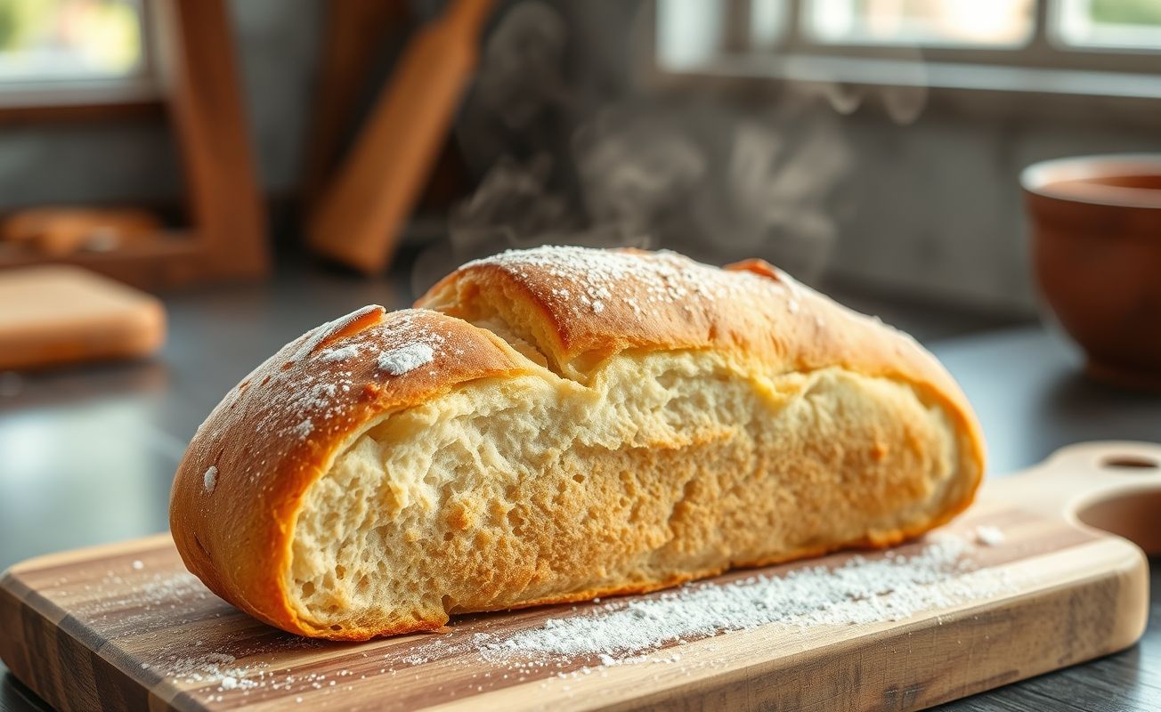 Receita de pão francês sem glúten recém-assado com casca dourada e miolo fofinho, cortado ao meio sobre tábua de madeira