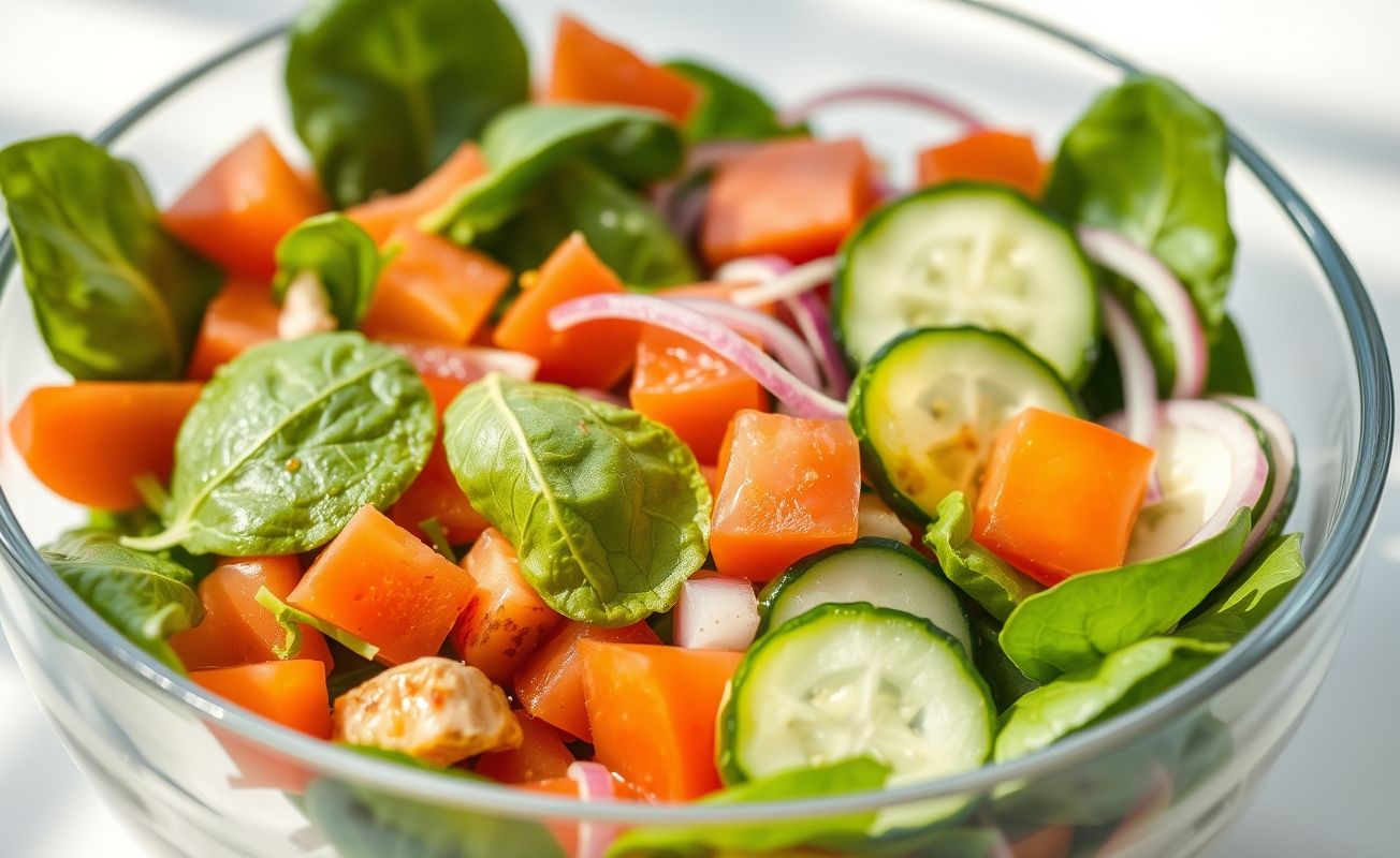 Salada fresca com espinafre cru, tomate, pepino e cebola roxa, temperada com azeite e limão, vibrante e apetitosa.