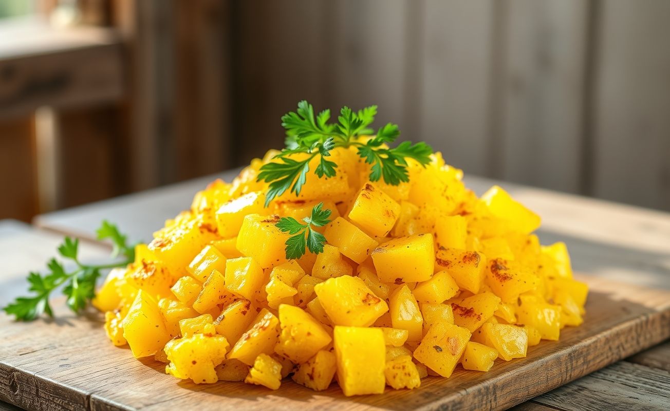 Bowl of pineapple farofa, golden and glistening with bits of pineapple and sprinkled with parsley, served on a wooden table