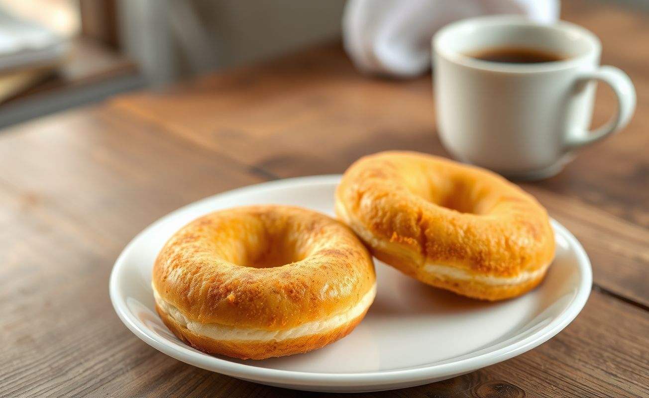 Rosquinha sem glúten dourada e perfumada, com textura crocante por fora e macia por dentro, servida em prato branco