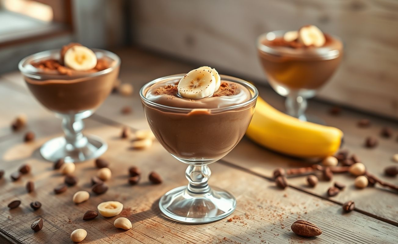 Sobremesa cremosa de chocolate e pasta de amendoim em taça decorada com fatias de banana e cacau em pó - receita rápida com apenas 3 ingredientes