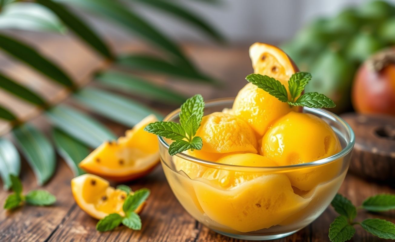 Sorvete de cajá cremoso servido em taça com pedaços da fruta e folhas de hortelã, cor vibrante e textura suave