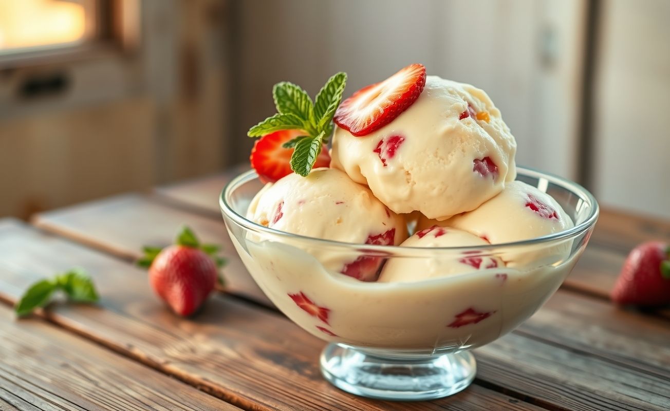Sorvetes Com 3 Ingredientes cremosos servidos em taça com morangos frescos e folhas de hortelã