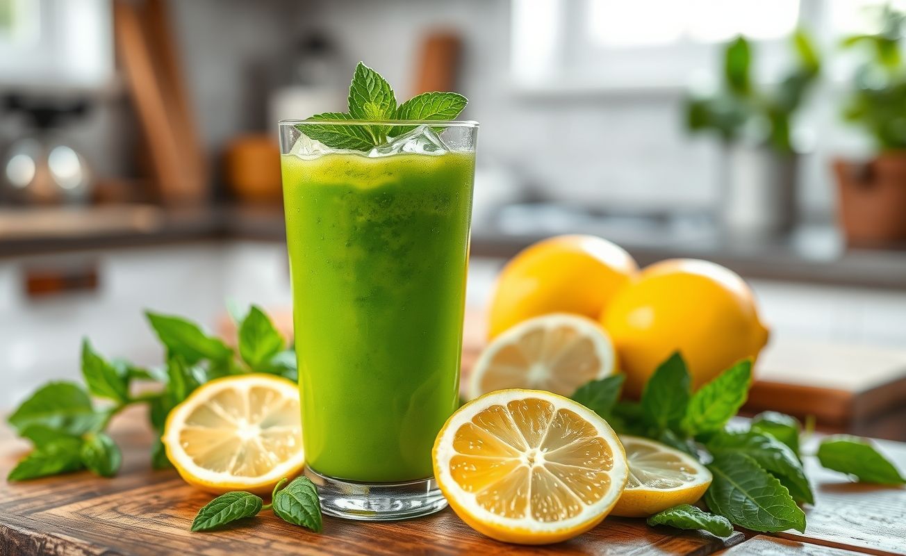 Copo alto de suco verde de ora pro nobis com gelo e rodelas de limão, decorado com folhas frescas em fundo rústico